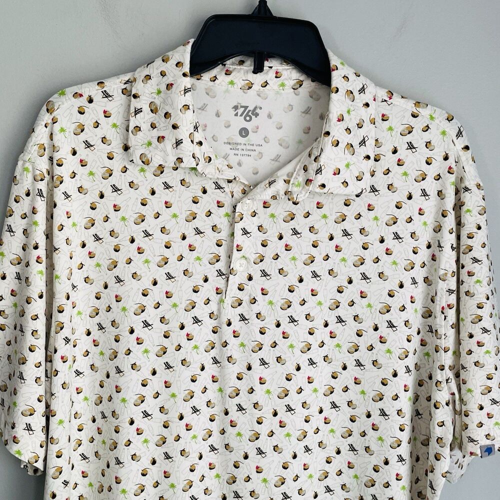 1764 Golf Polo Men's Size L Coconuts Beach Chairs Palm Stretch Button Golf Shirt